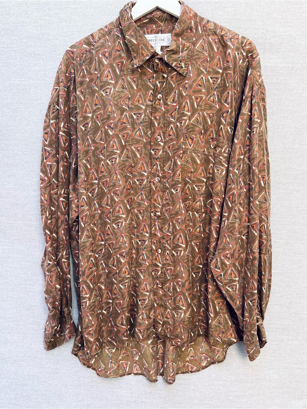 Vintage Brown Silk Geometric Print Tunic Button-Up Shirt